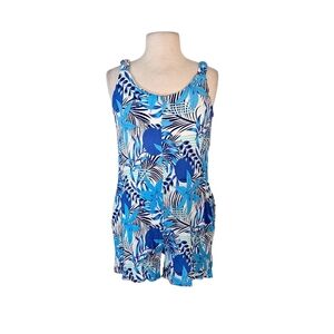 Waterlily Blue Tropical Palm Print Romper